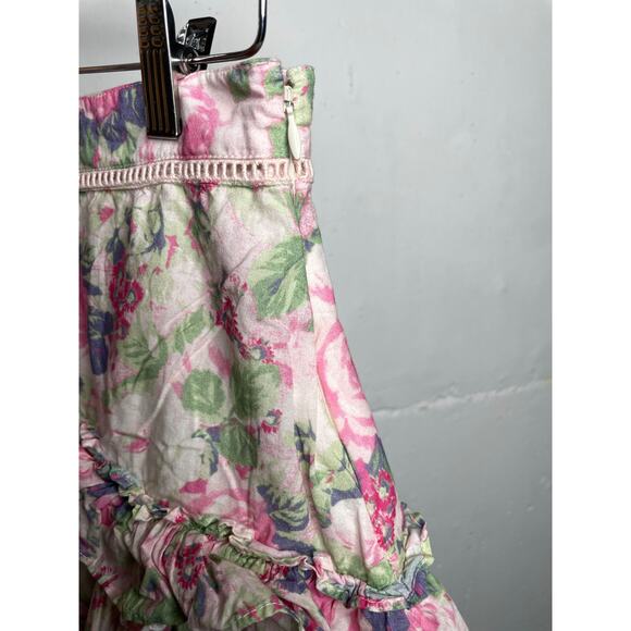 LoveShackFancy White Cream Ruffled Skater Mini Skirt Size 0 Pink Floral - Picture 6 of 7